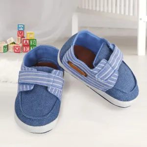 Baby Moo Striped Blue Velcro Booties