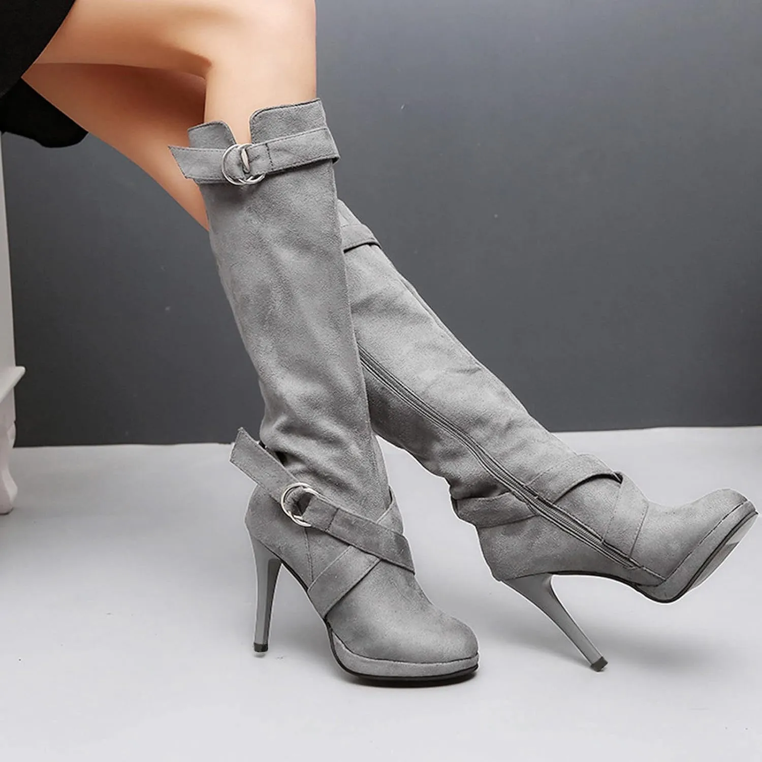 Boots For Women High Heel Knee High Boots Side Zipper Suede Pointed Thigh High Boots Tall Long Boots