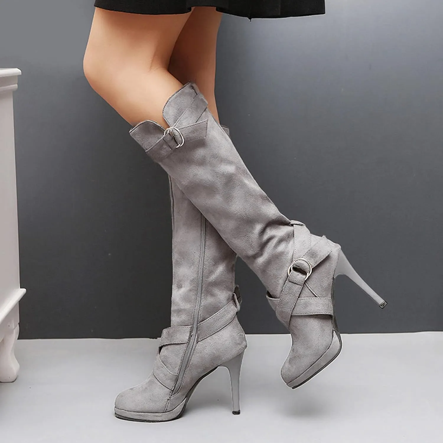 Boots For Women High Heel Knee High Boots Side Zipper Suede Pointed Thigh High Boots Tall Long Boots