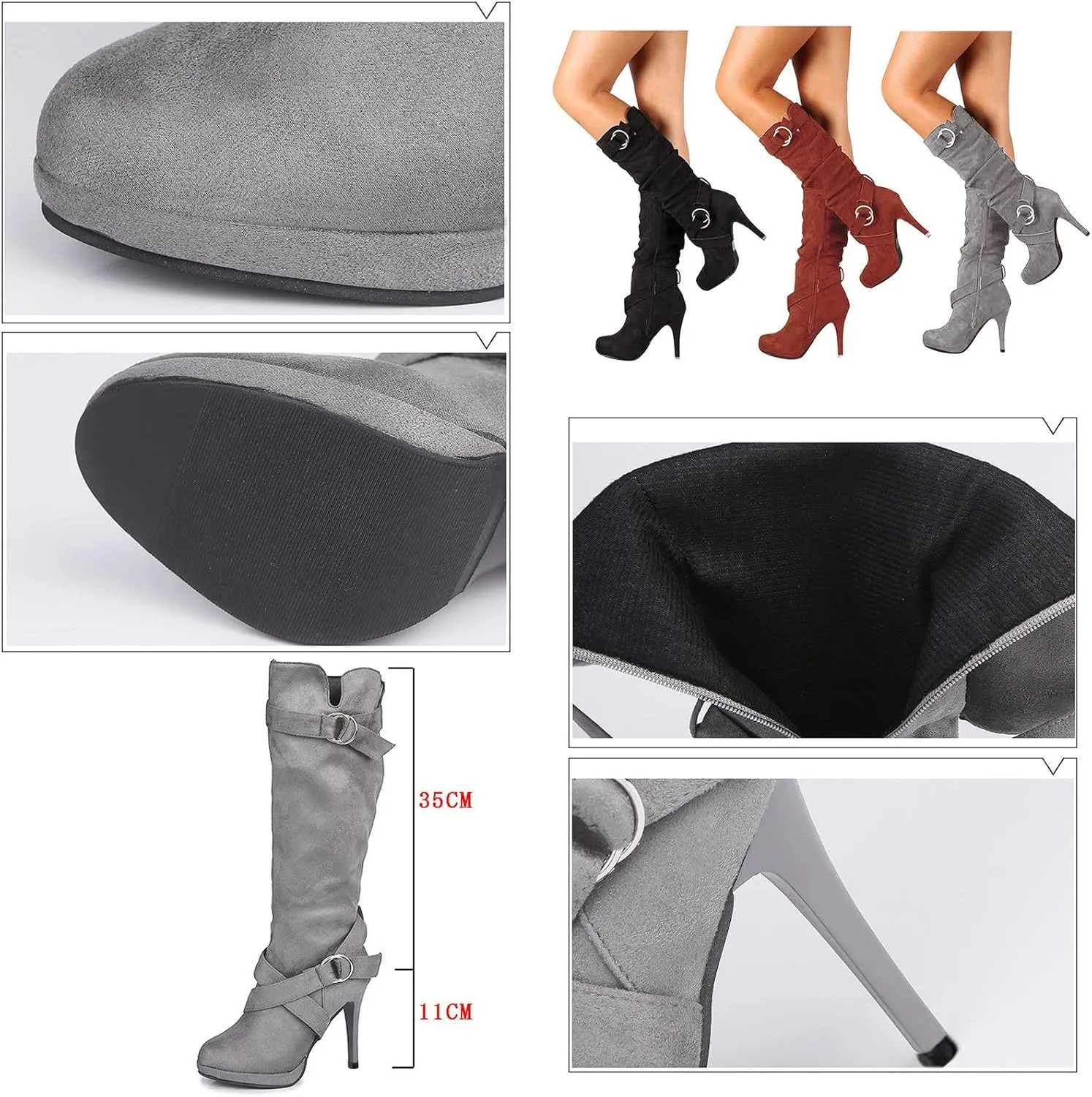Boots For Women High Heel Knee High Boots Side Zipper Suede Pointed Thigh High Boots Tall Long Boots