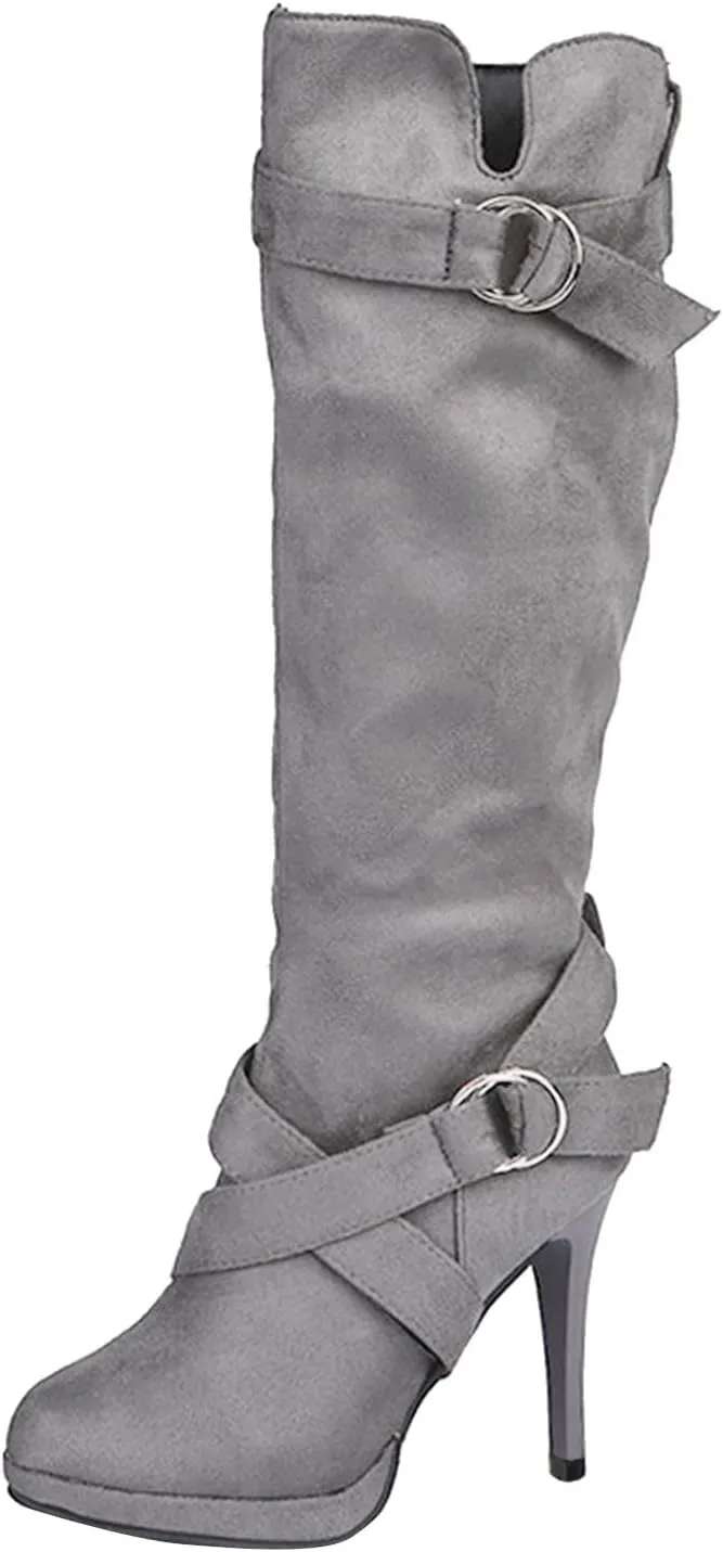 Boots For Women High Heel Knee High Boots Side Zipper Suede Pointed Thigh High Boots Tall Long Boots