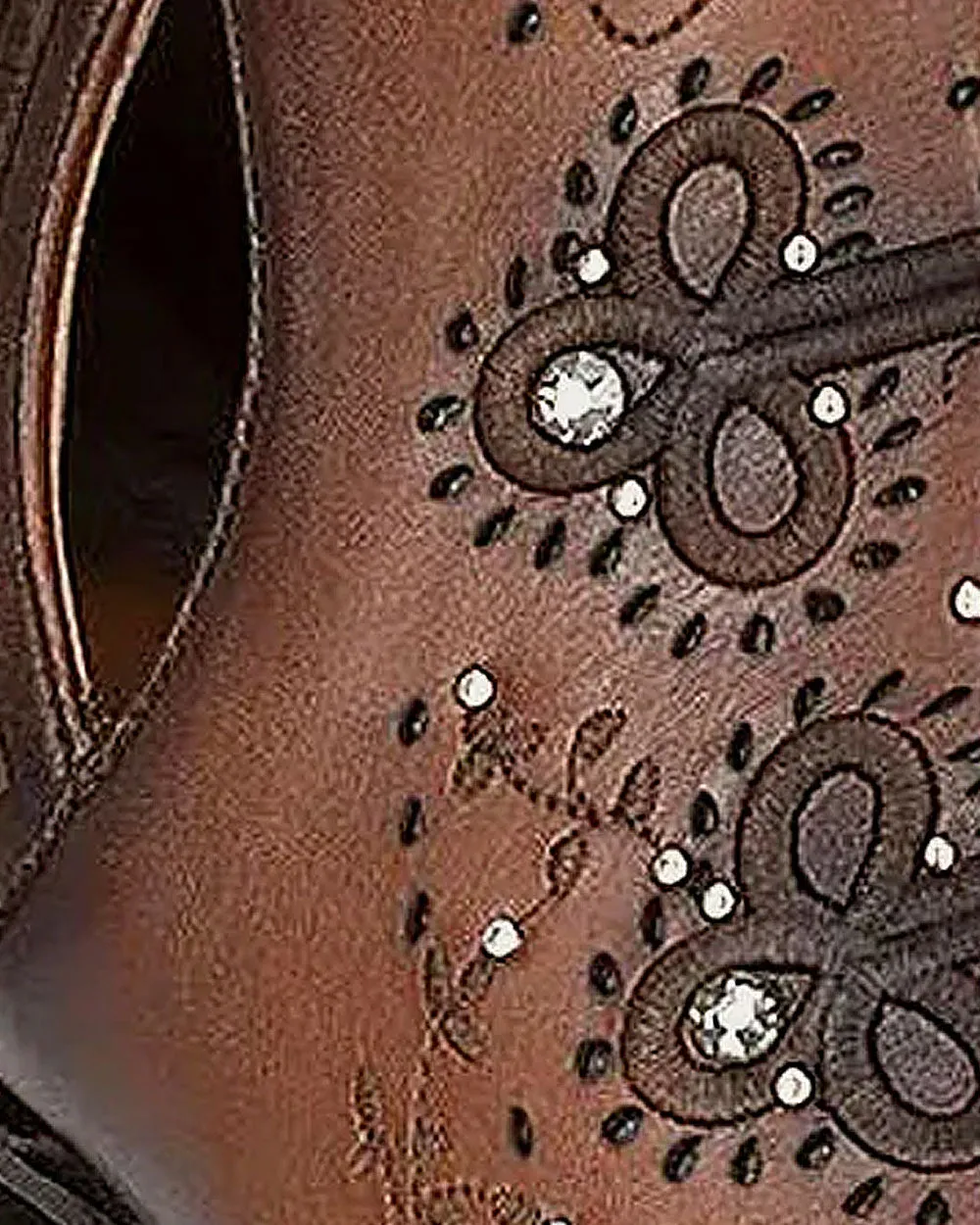 Brown perforated and embroidery bootie with crystals