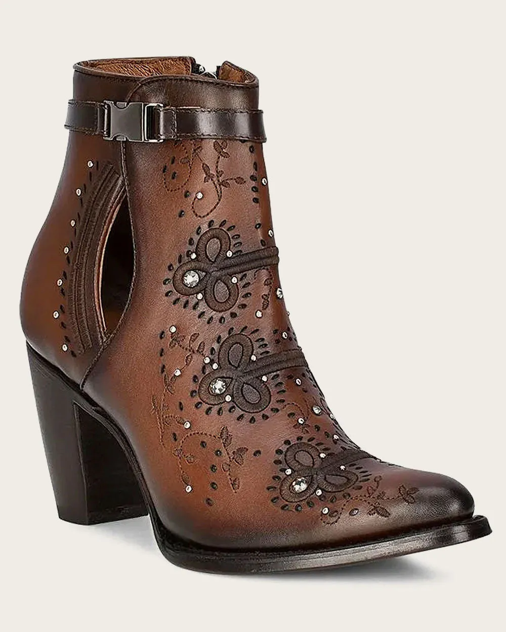 Brown perforated and embroidery bootie with crystals