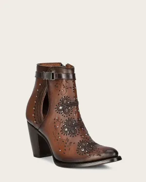 Brown perforated and embroidery bootie with crystals