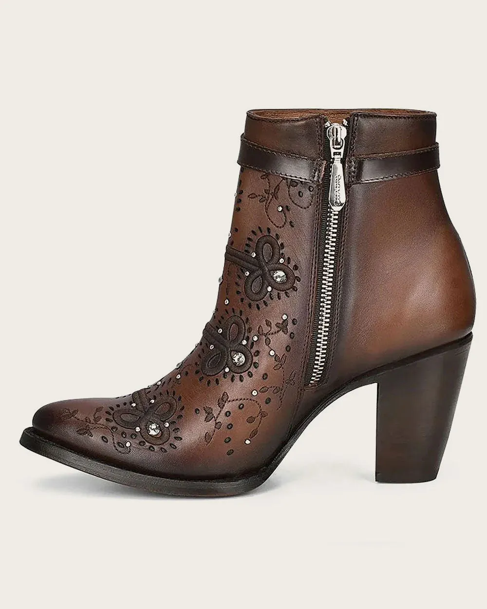 Brown perforated and embroidery bootie with crystals