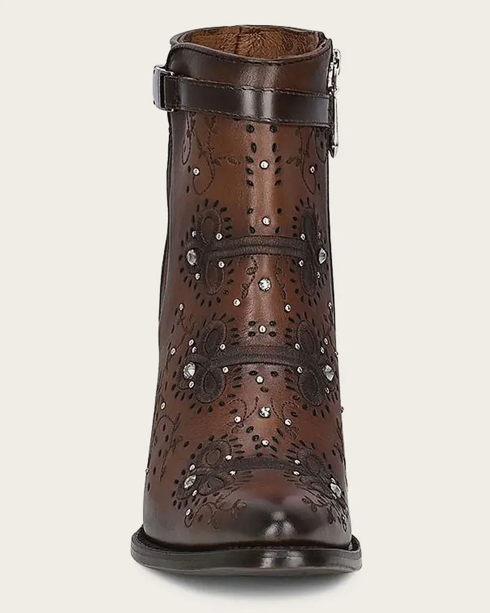 Brown perforated and embroidery bootie with crystals