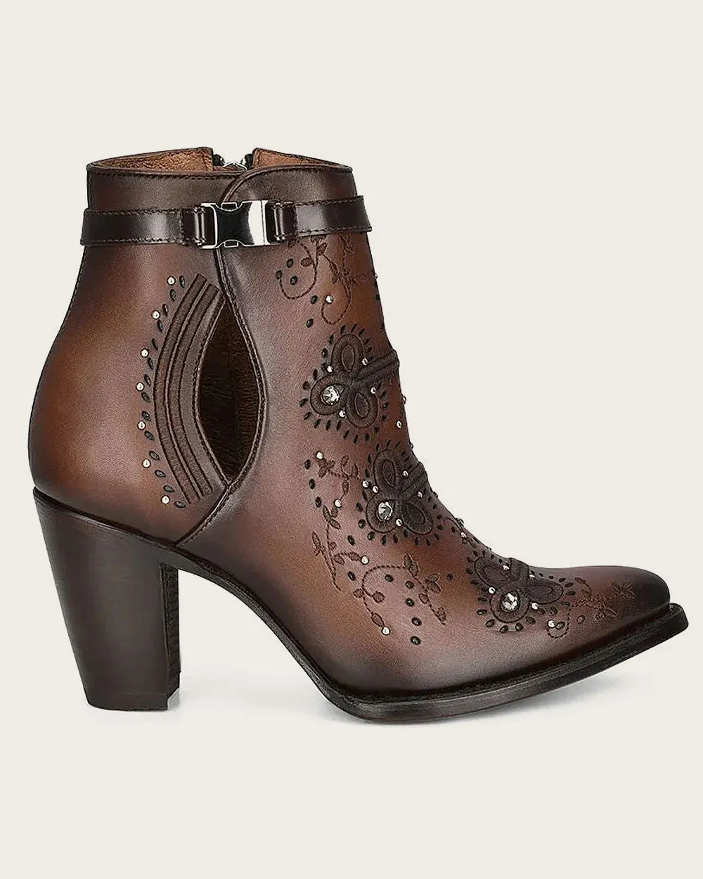 Brown perforated and embroidery bootie with crystals