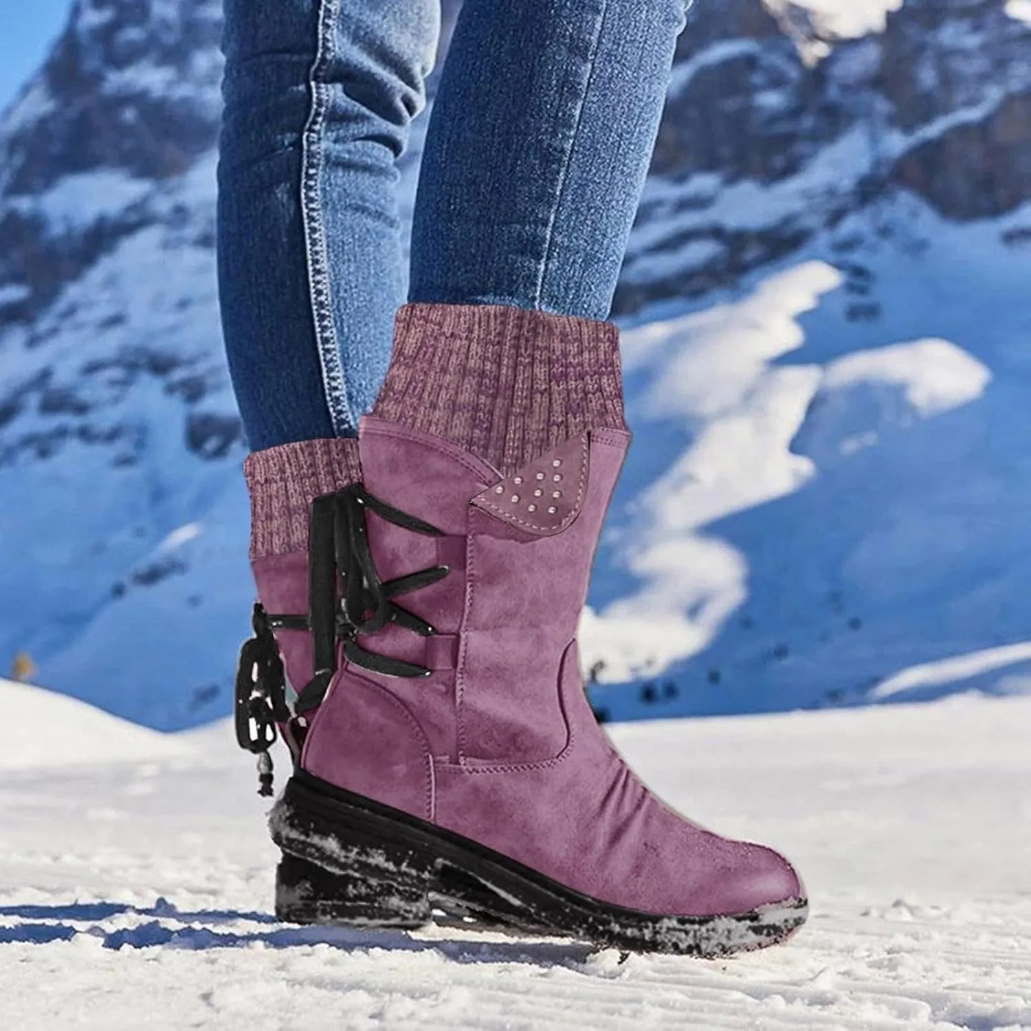 Cathalem Boots for Women Knee-High Boots Comfortable Chunky Block Heel Pointed Toe Pull On Side Zipper Lace Up Riding Boots
