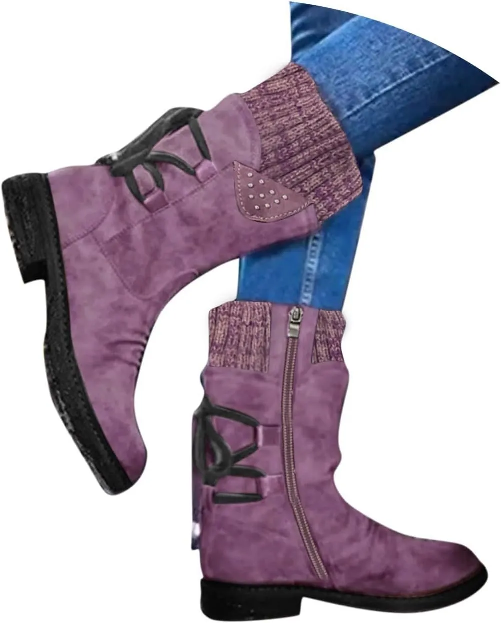 Cathalem Boots for Women Knee-High Boots Comfortable Chunky Block Heel Pointed Toe Pull On Side Zipper Lace Up Riding Boots