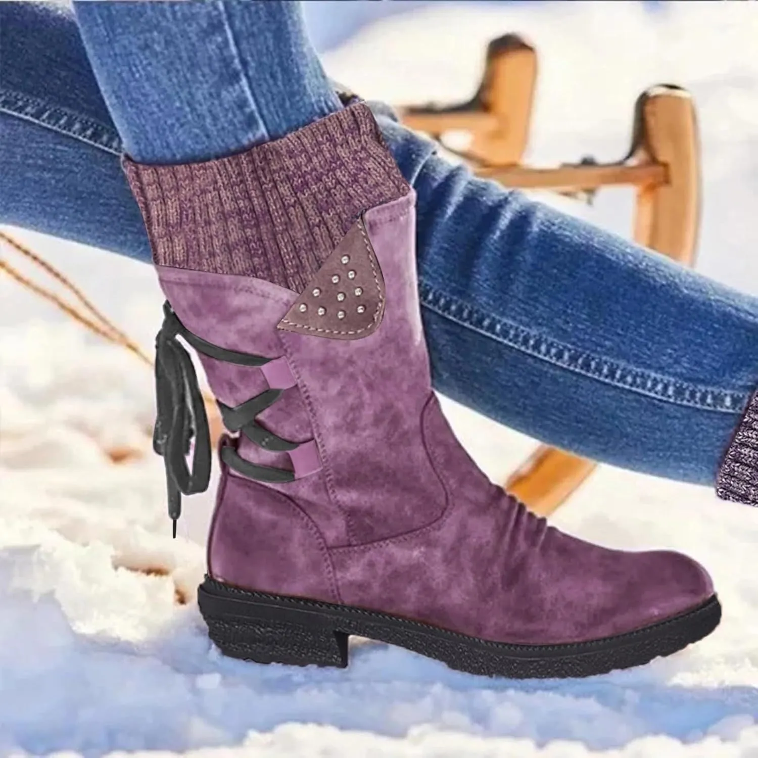 Cathalem Boots for Women Knee-High Boots Comfortable Chunky Block Heel Pointed Toe Pull On Side Zipper Lace Up Riding Boots