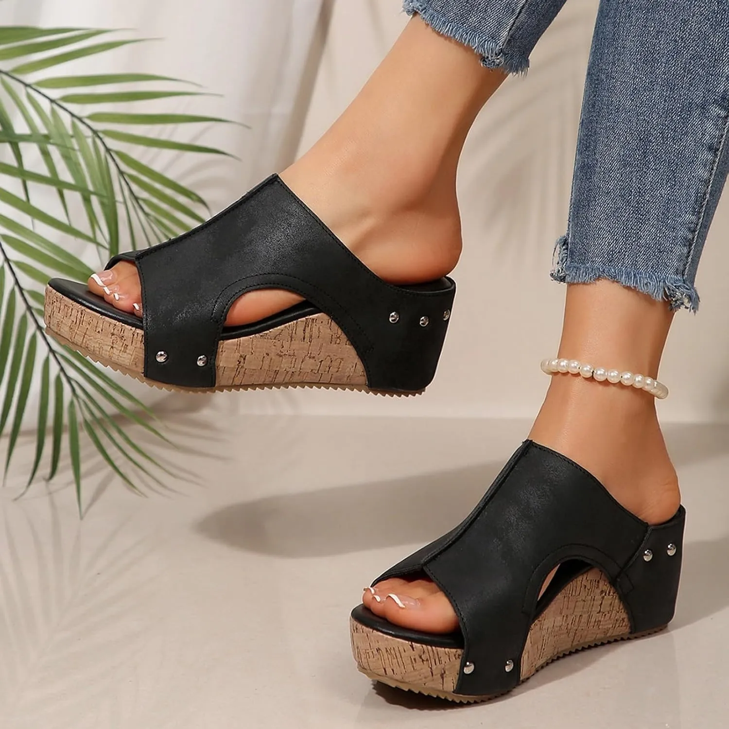 Cork Wedge Sandals for Women 2025 Summer Casual Trendy Comfy Wide Foot Thick Sole Leather Wedge Platform Sandals
