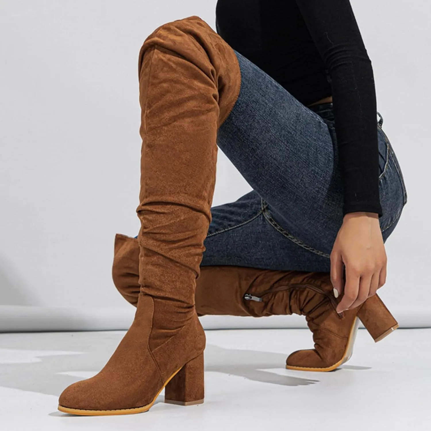 Cowboy Boots For Women Square Heel Over Knee Boots Suede Zipper Thigh High Boots Chunky Heeled Tall Long Boots