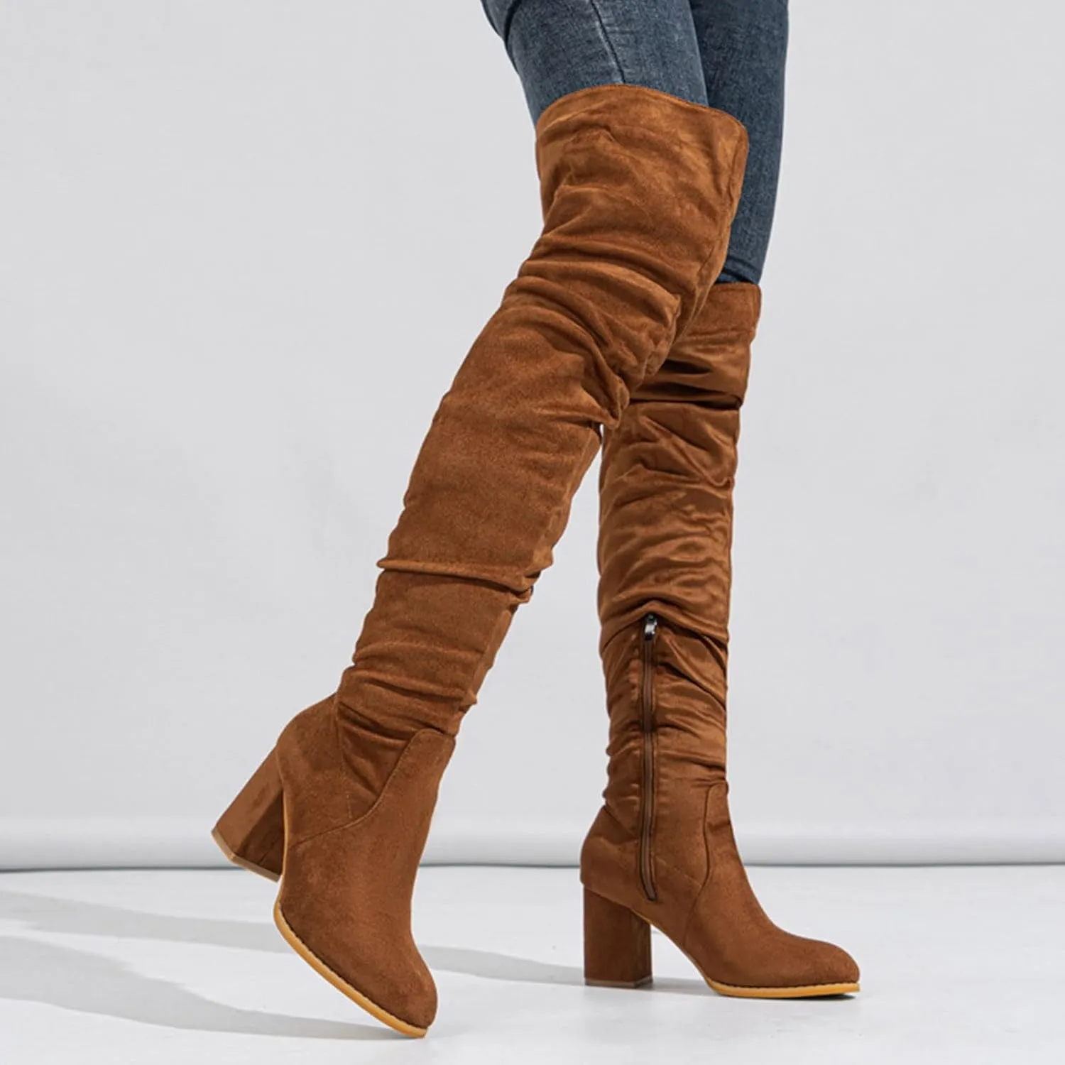 Cowboy Boots For Women Square Heel Over Knee Boots Suede Zipper Thigh High Boots Chunky Heeled Tall Long Boots