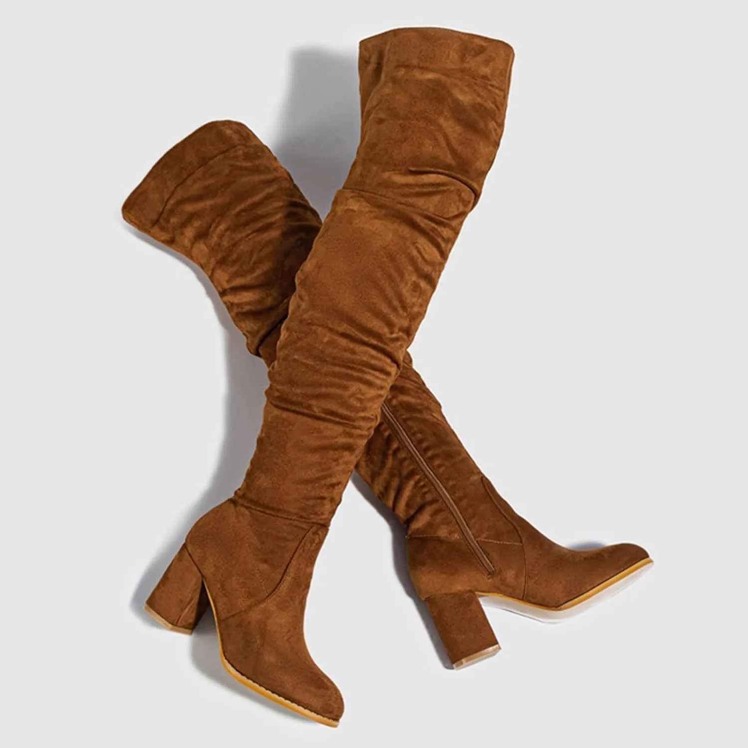 Cowboy Boots For Women Square Heel Over Knee Boots Suede Zipper Thigh High Boots Chunky Heeled Tall Long Boots