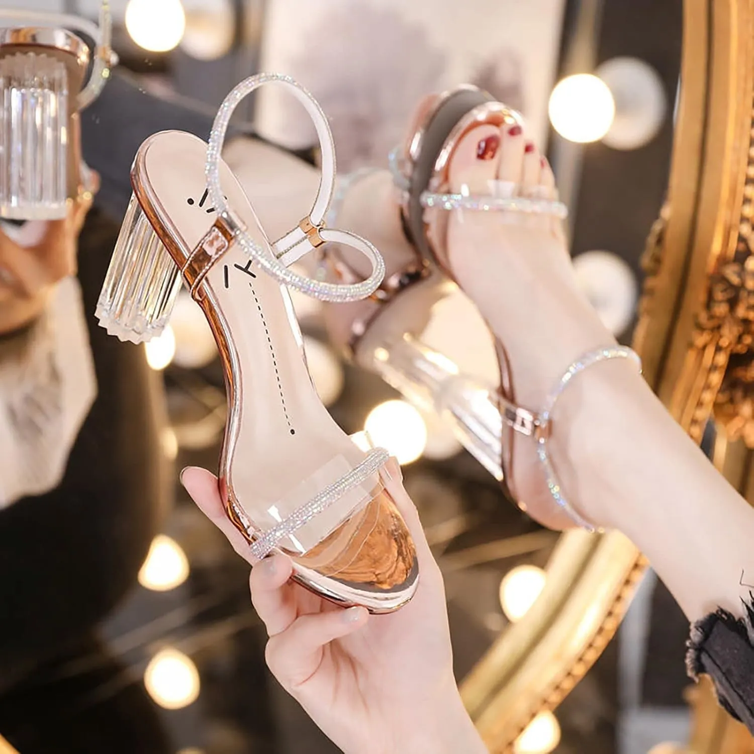 Dressy Summer Sandals Women Low Block Heel Comfortable Elastic Ankle Strap Open Toe Casual Wedge Shoes