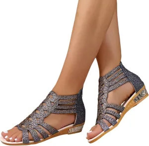 Eduavar Wedge Sandals for Women Sandals Comfortable Sandals Dressy Summer Rhinestone Peep Toe Zip Up Sandals