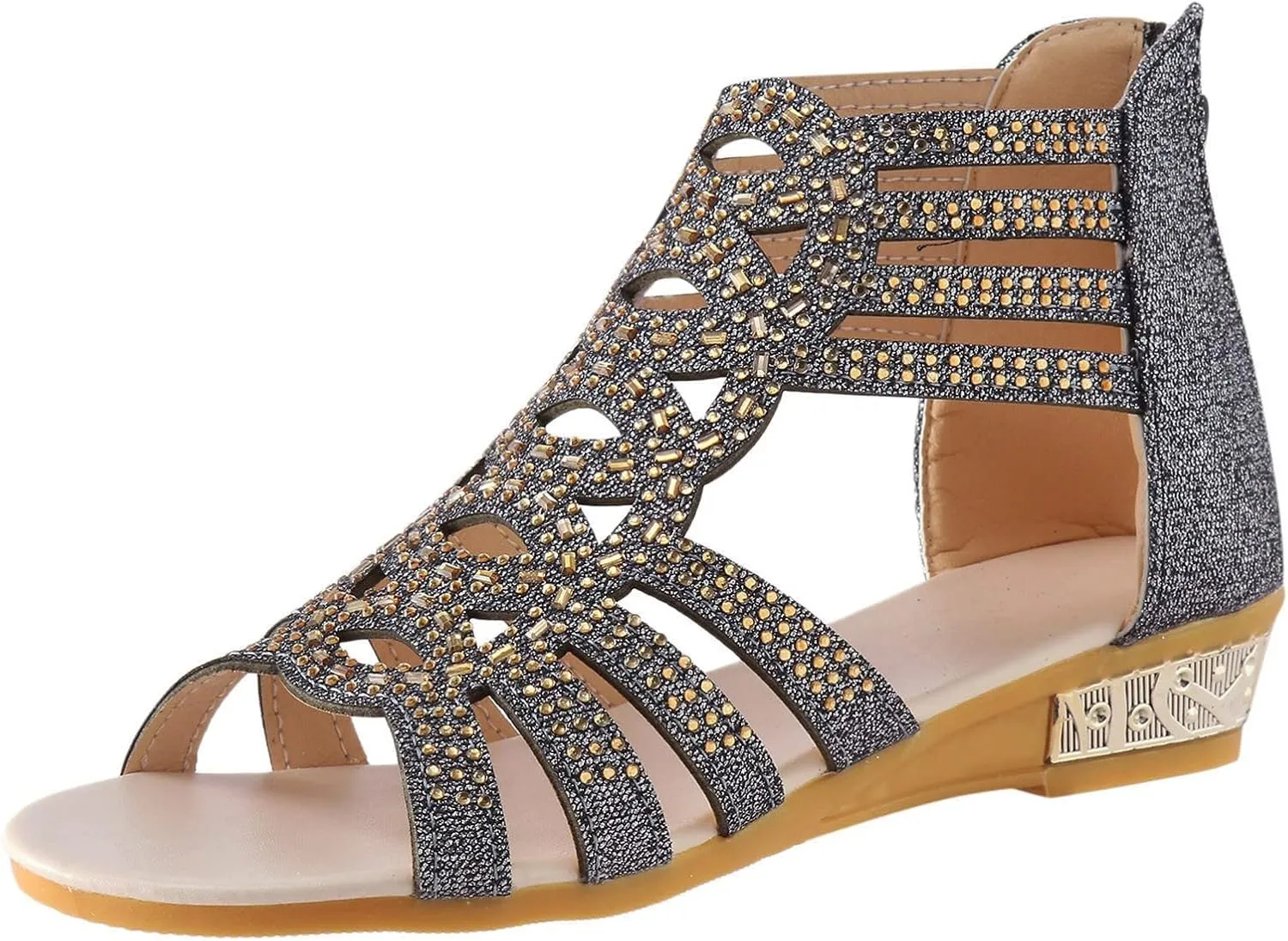 Eduavar Wedge Sandals for Women Sandals Comfortable Sandals Dressy Summer Rhinestone Peep Toe Zip Up Sandals