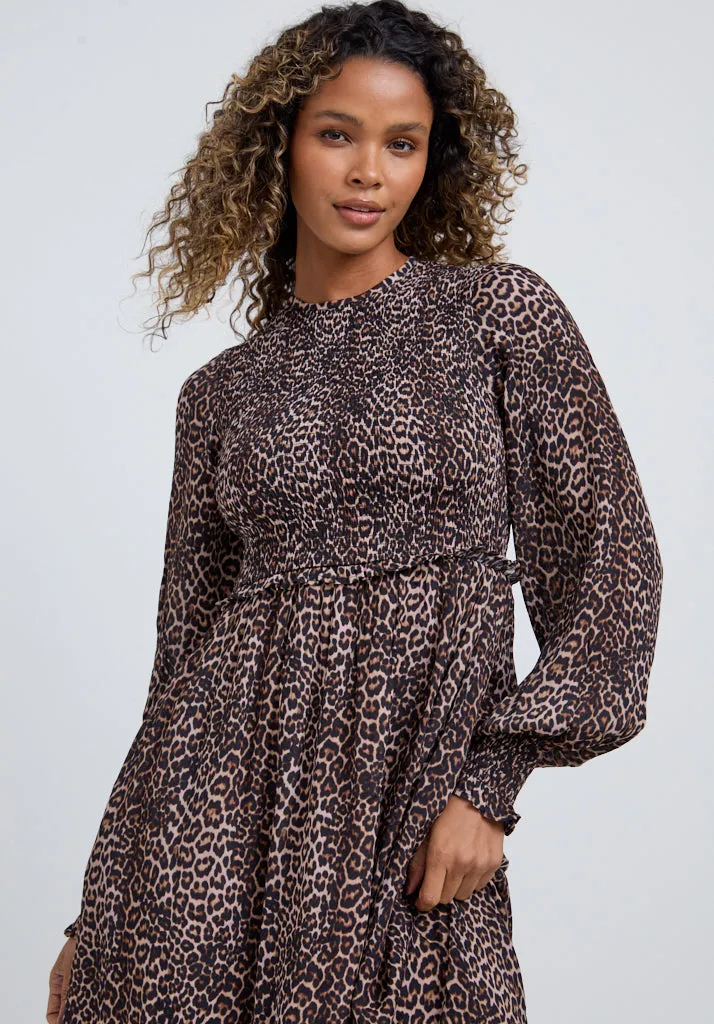 Elsie Shirred Bodice Big Cat Print Midi Dress In Brown