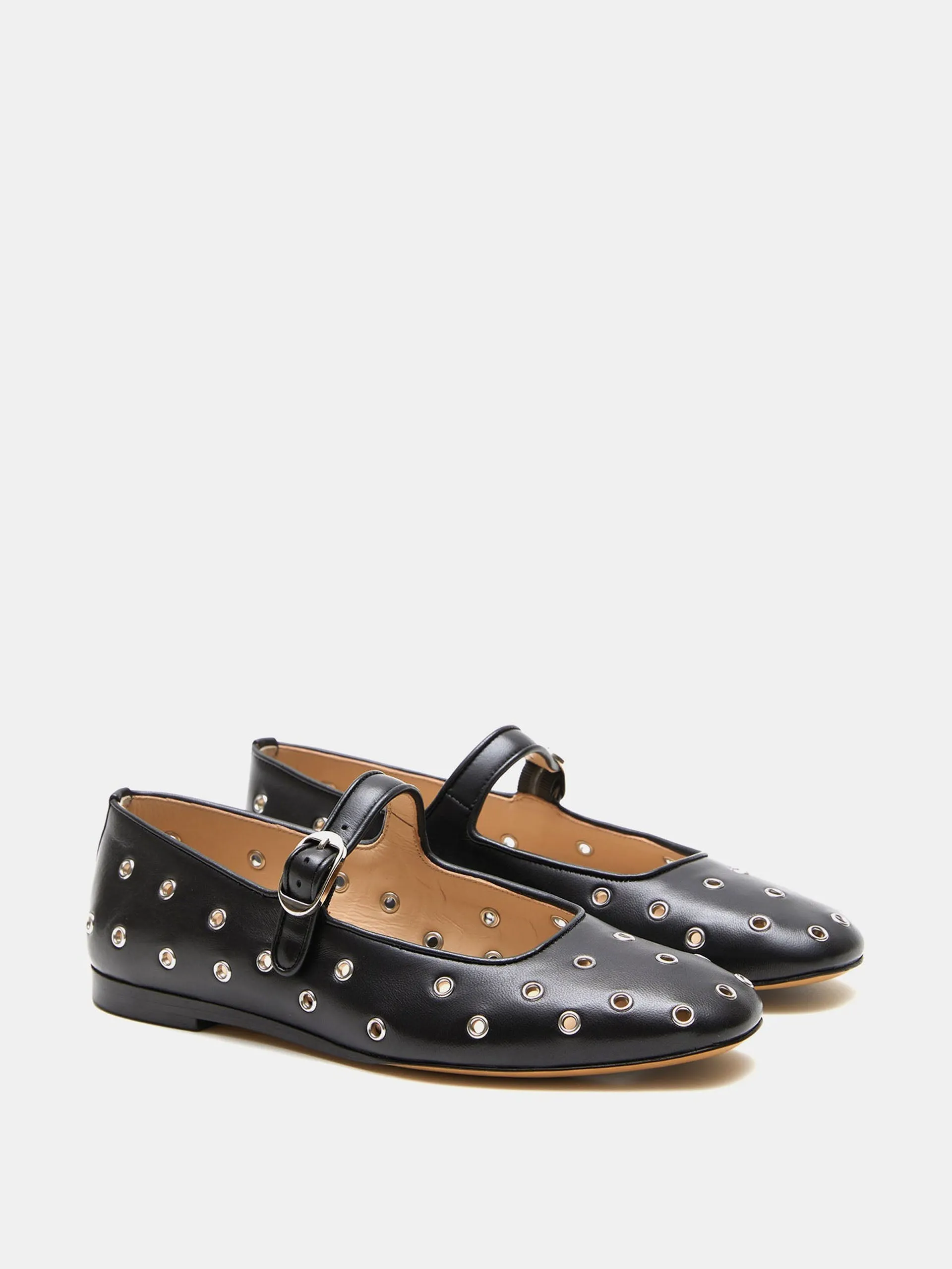 Eyelet studded black leather Mary Jane flats