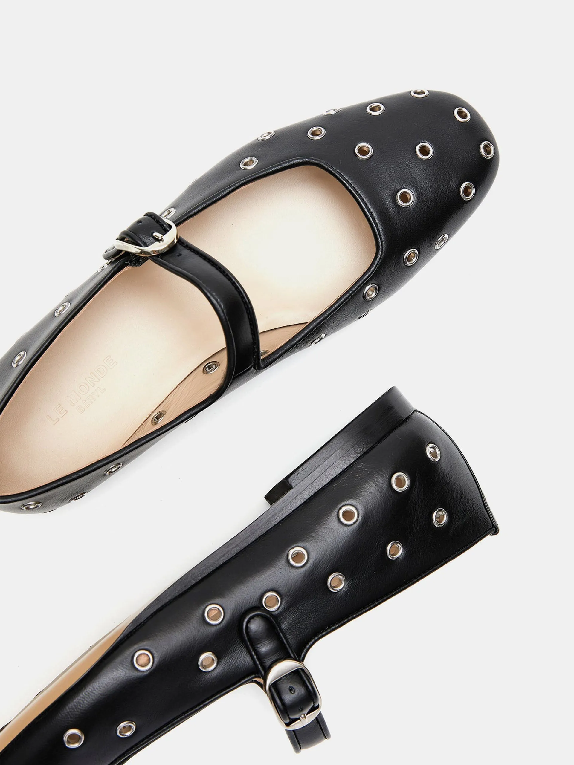 Eyelet studded black leather Mary Jane flats