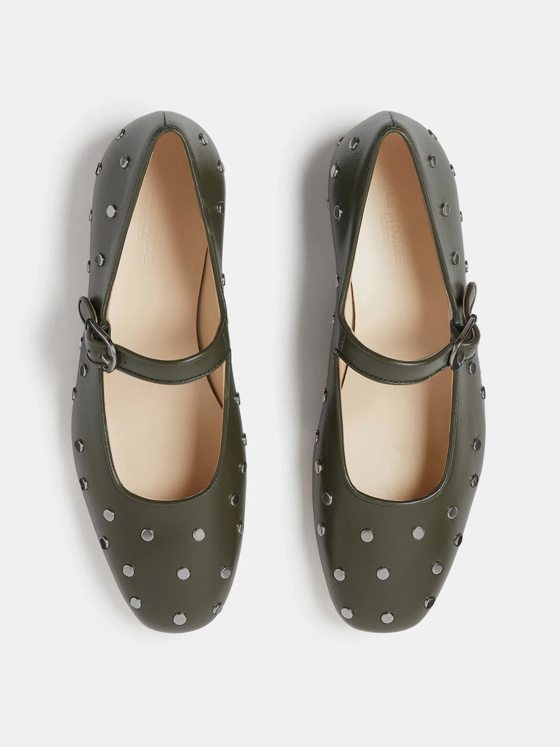 Green studded leather Mary Jane flats