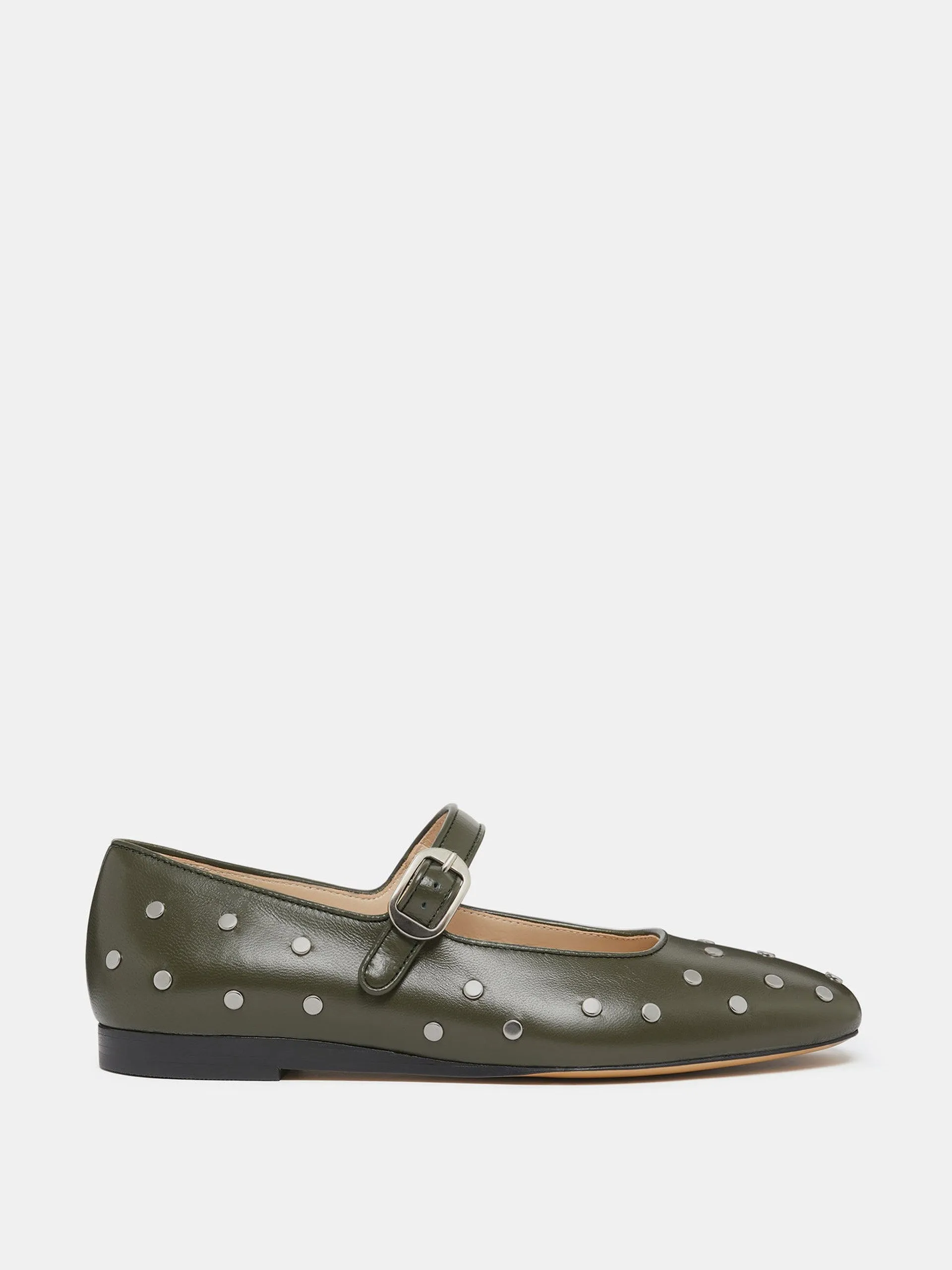 Green studded leather Mary Jane flats