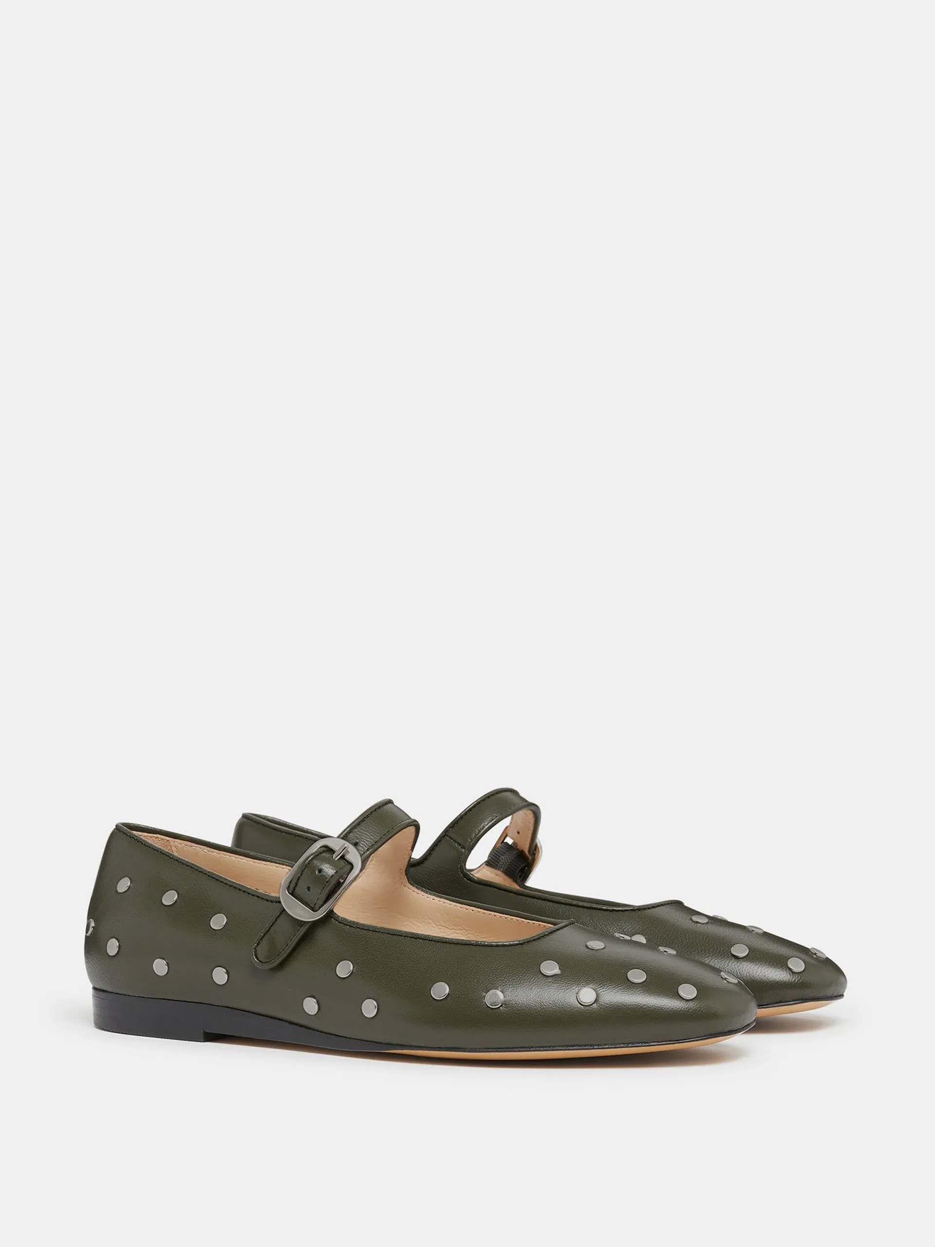 Green studded leather Mary Jane flats