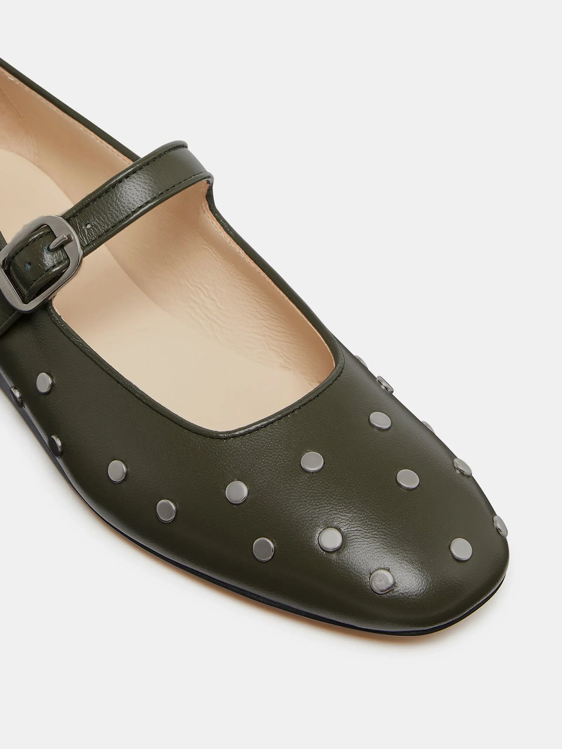 Green studded leather Mary Jane flats