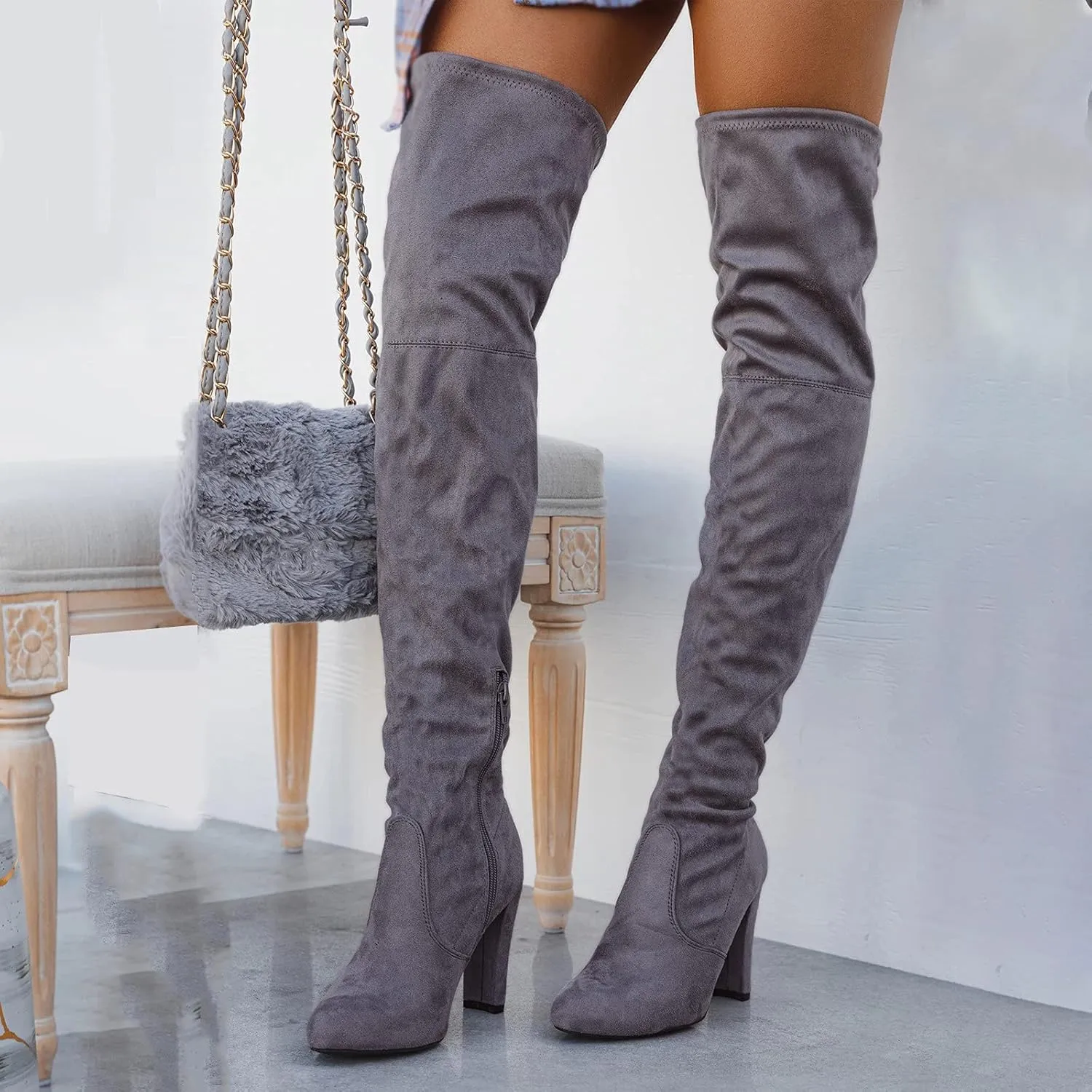 Hiking Boots Women High Chunky Heeled Over Knee Boots Zipper Pointed Suede Thigh High Boots Long Bootie
