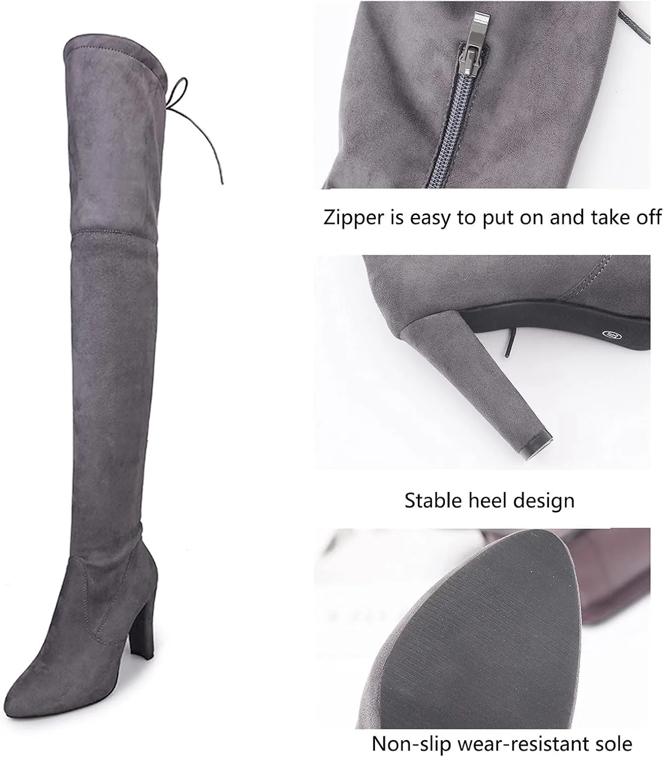 Hiking Boots Women High Chunky Heeled Over Knee Boots Zipper Pointed Suede Thigh High Boots Long Bootie