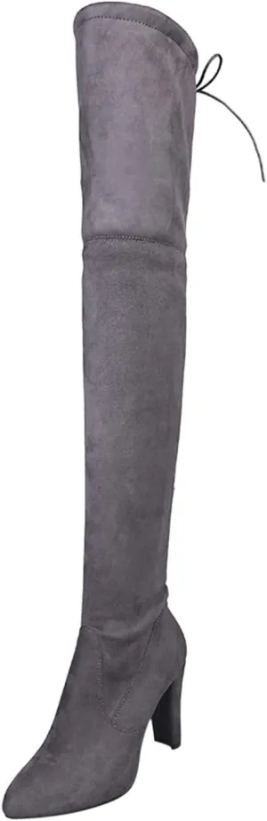 Hiking Boots Women High Chunky Heeled Over Knee Boots Zipper Pointed Suede Thigh High Boots Long Bootie