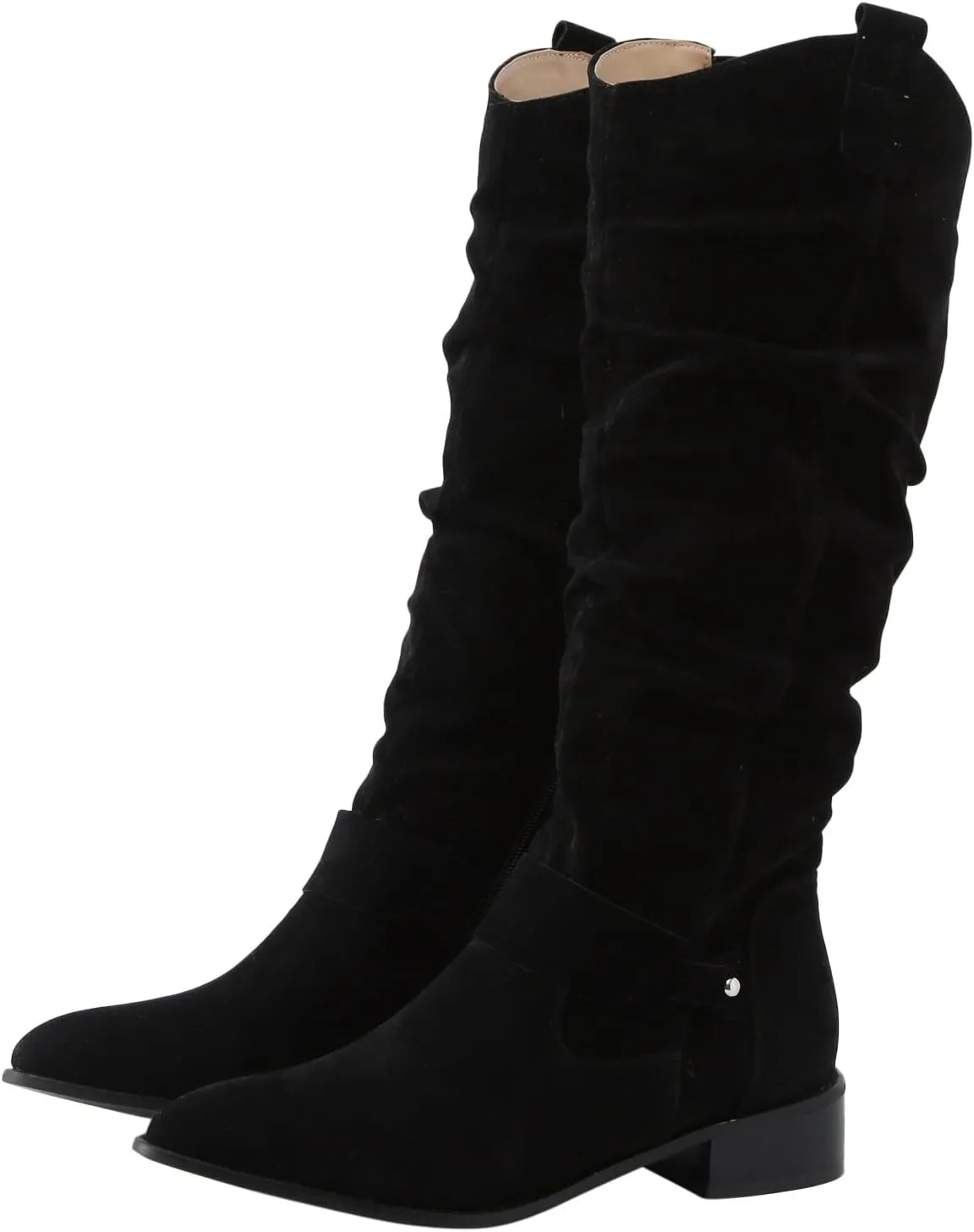 Hiking Boots Women Retro Solid Color Thigh High Boots Pleated Suede Chunky Heeled Knee High Cowgirl Boots