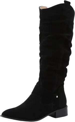 Hiking Boots Women Retro Solid Color Thigh High Boots Pleated Suede Chunky Heeled Knee High Cowgirl Boots