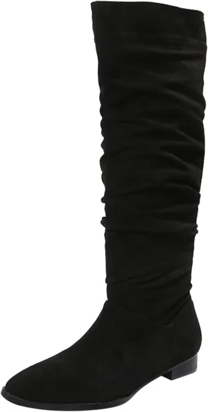 Hiking Boots Women Suede Pleated Thigh High Boots Pull On Knee High Boots Mid Calf Bootie Winter Boots
