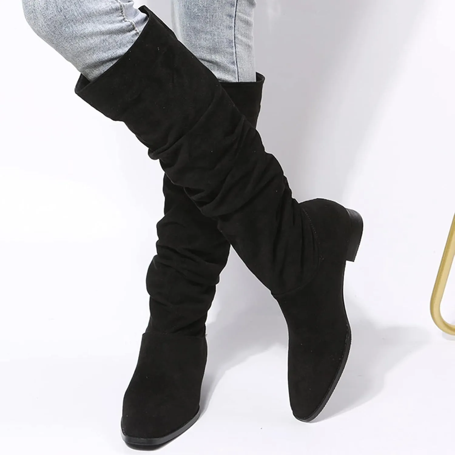Hiking Boots Women Suede Pleated Thigh High Boots Pull On Knee High Boots Mid Calf Bootie Winter Boots