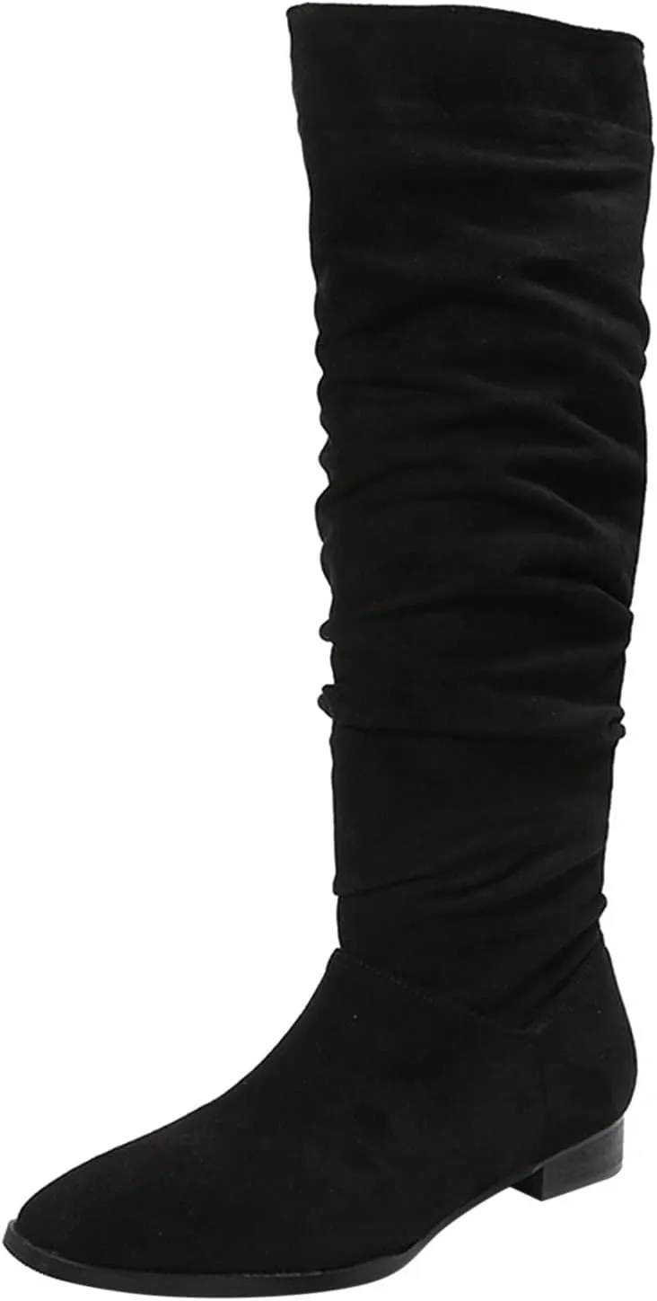 Hiking Boots Women Suede Pleated Thigh High Boots Pull On Knee High Boots Mid Calf Bootie Winter Boots