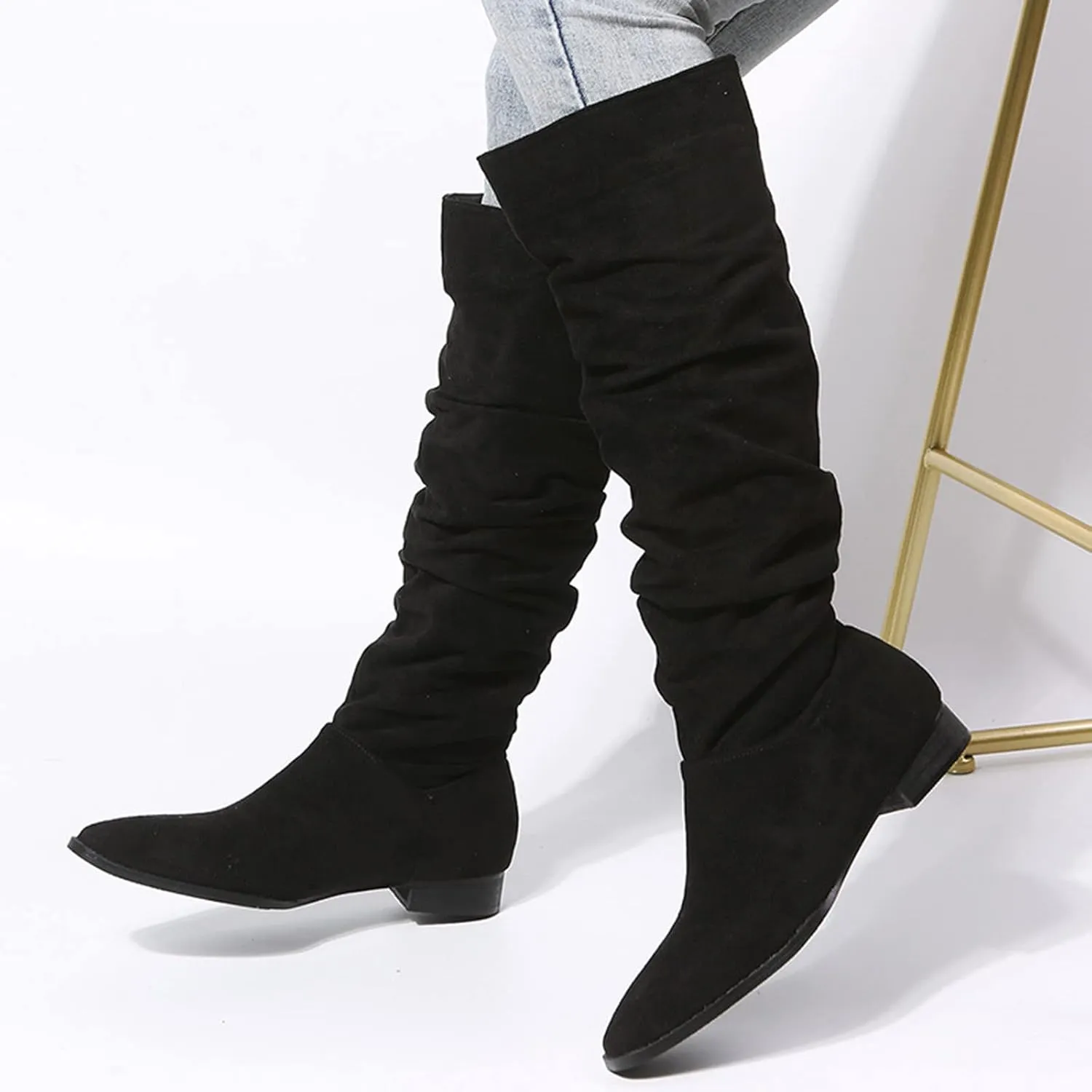 Hiking Boots Women Suede Pleated Thigh High Boots Pull On Knee High Boots Mid Calf Bootie Winter Boots