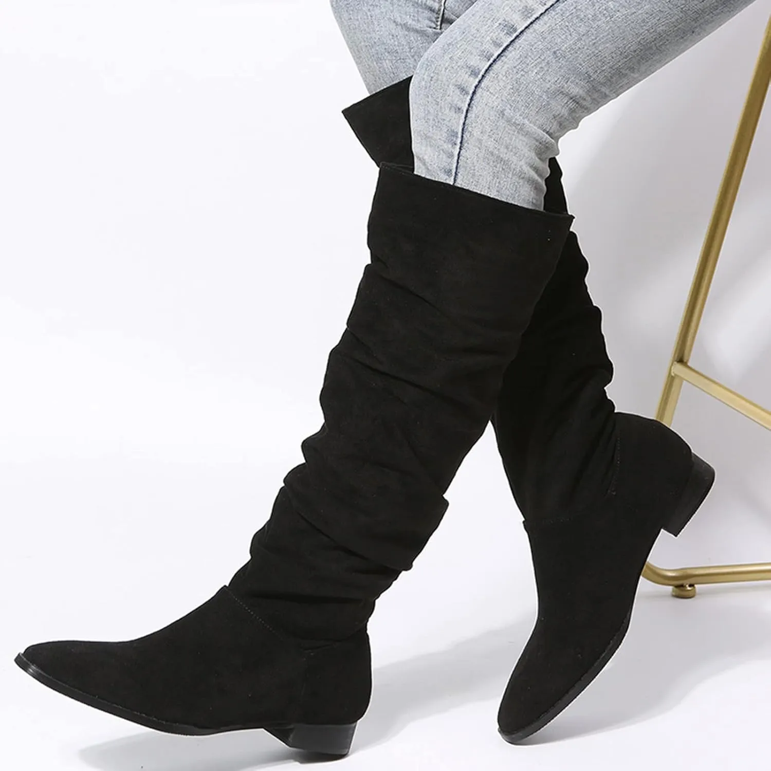 Hiking Boots Women Suede Pleated Thigh High Boots Pull On Knee High Boots Mid Calf Bootie Winter Boots