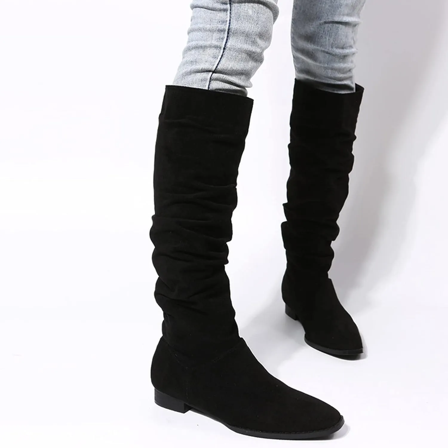 Hiking Boots Women Suede Pleated Thigh High Boots Pull On Knee High Boots Mid Calf Bootie Winter Boots