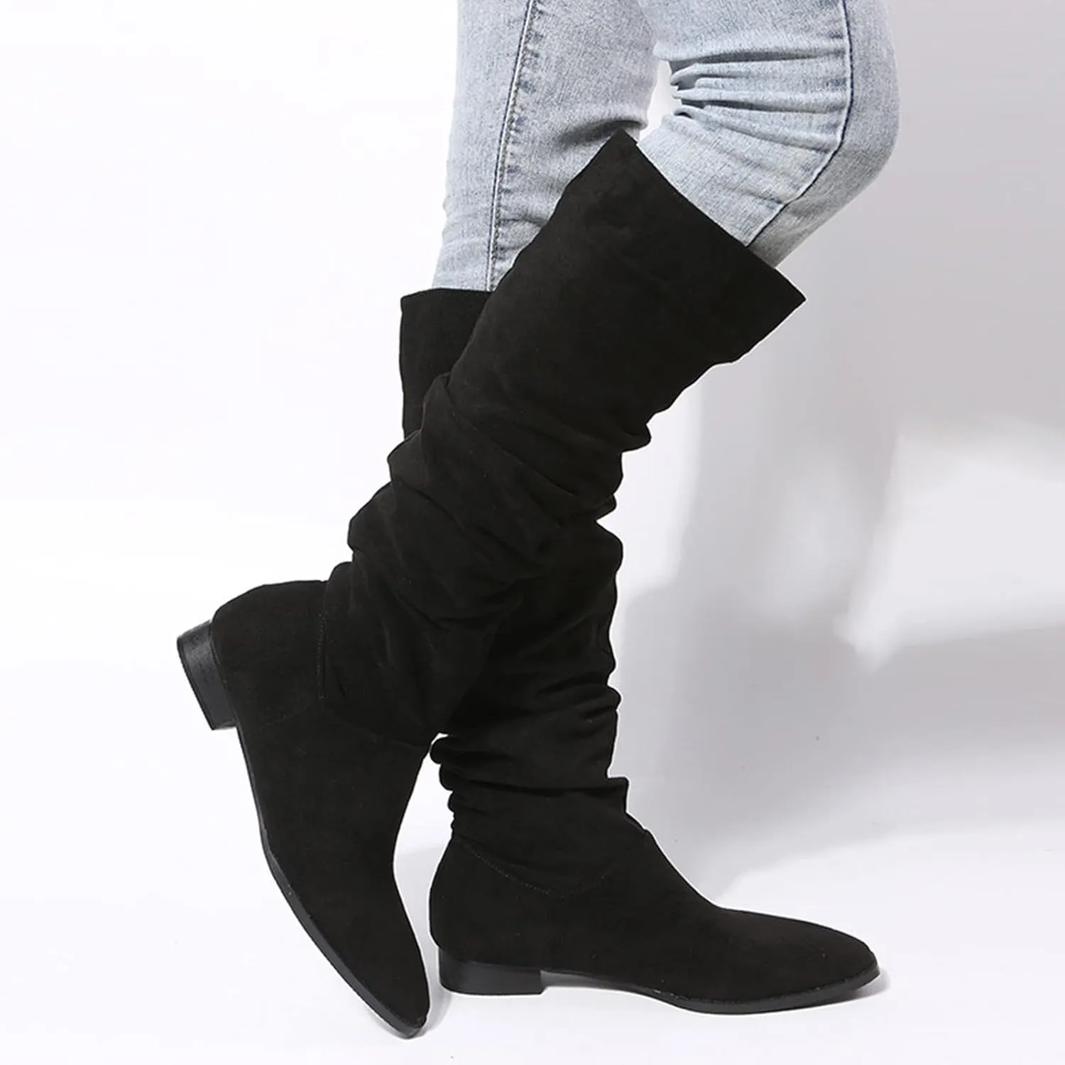 Hiking Boots Women Suede Pleated Thigh High Boots Pull On Knee High Boots Mid Calf Bootie Winter Boots