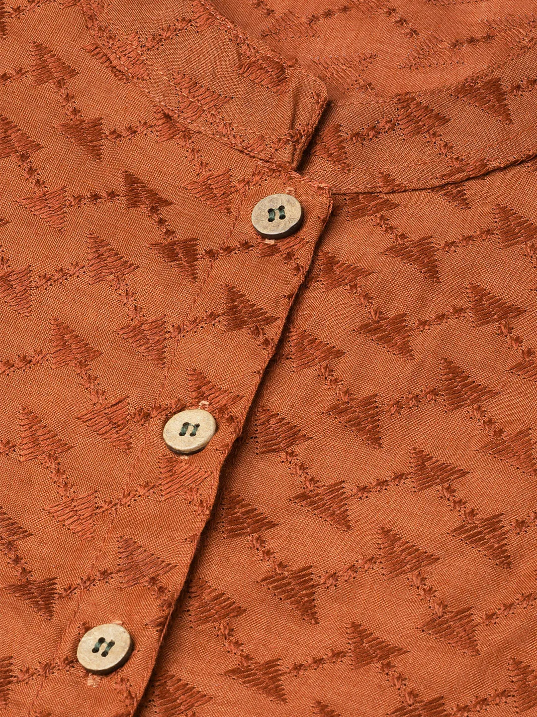 Jashvi Women Rust Brown Embroidered Straight Kurta