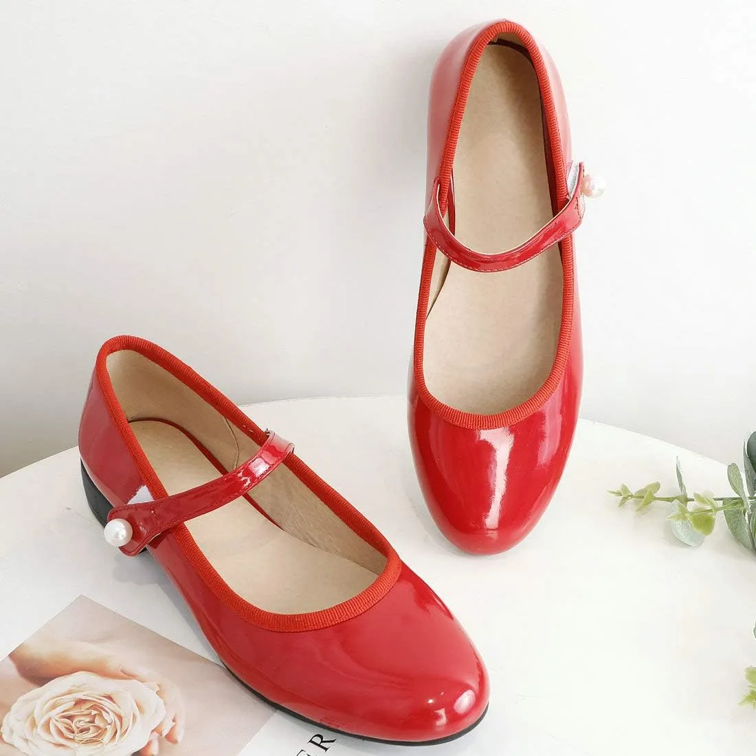 MAVMAX Women's Patent Leather Mary Janes Flats Ankle Strap Lolita Pumps