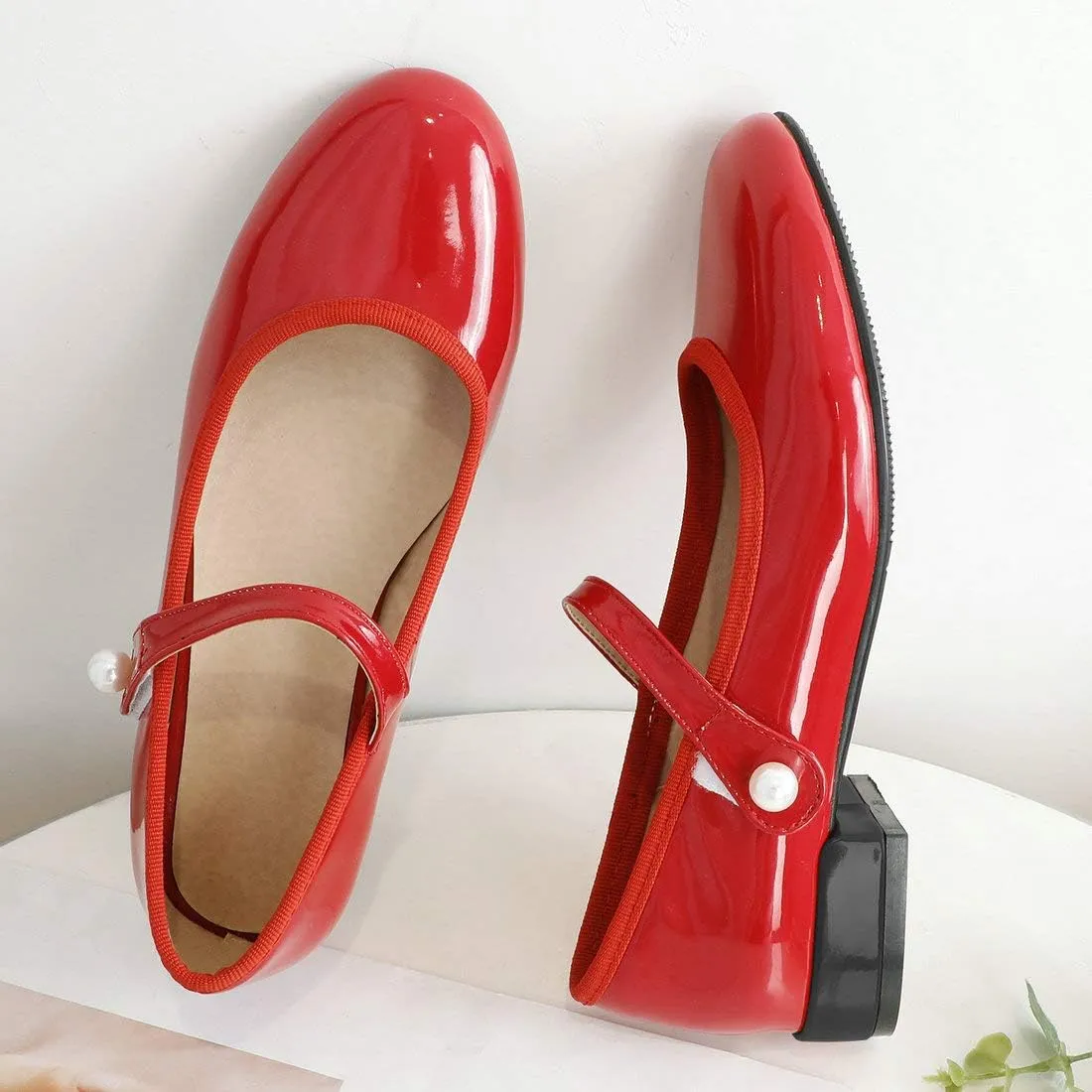 MAVMAX Women's Patent Leather Mary Janes Flats Ankle Strap Lolita Pumps