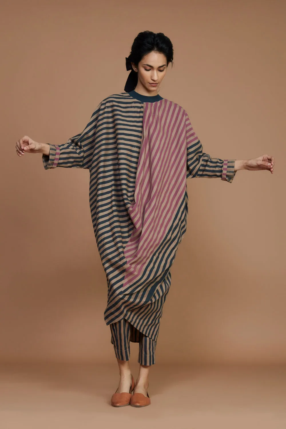 Ribbed Cowl Tunic Striped Brown Co-Ord Set (2 Pcs)