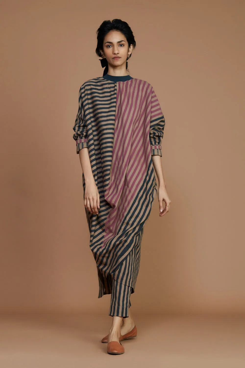 Ribbed Cowl Tunic Striped Brown Co-Ord Set (2 Pcs)