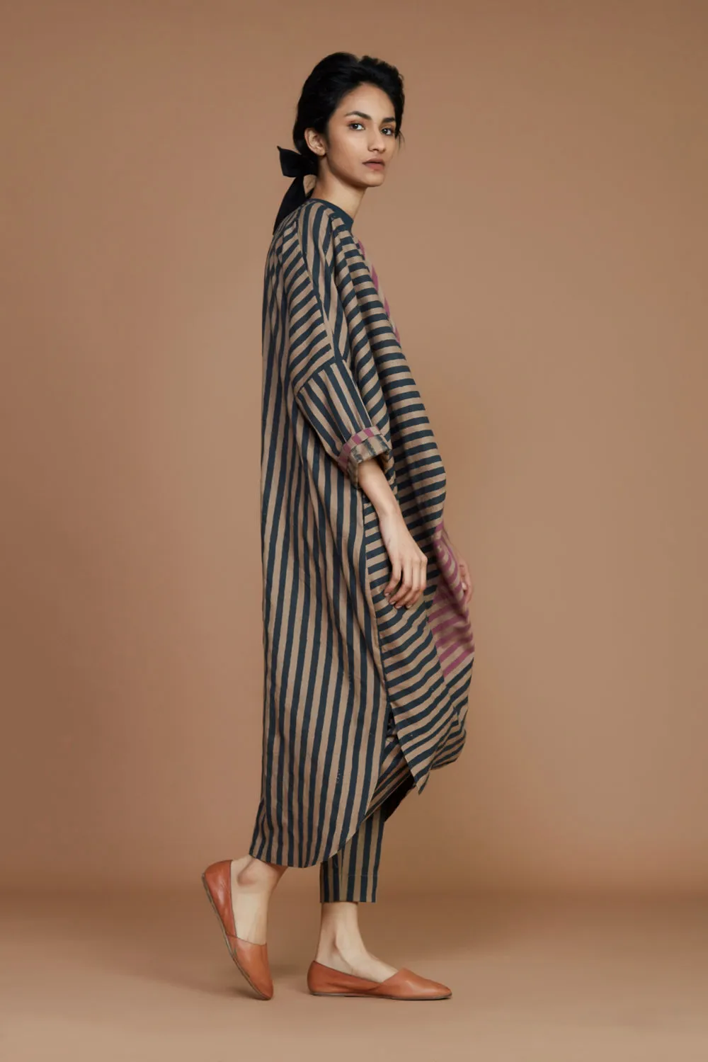 Ribbed Cowl Tunic Striped Brown Co-Ord Set (2 Pcs)