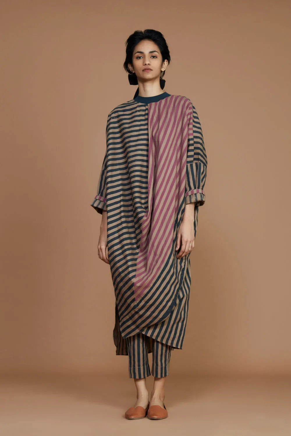 Ribbed Cowl Tunic Striped Brown Co-Ord Set (2 Pcs)