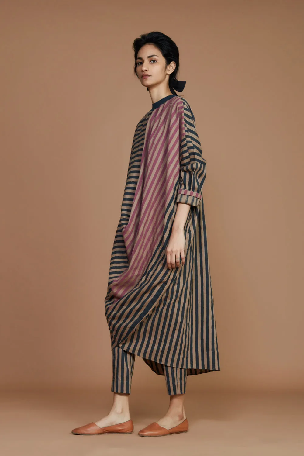 Ribbed Cowl Tunic Striped Brown Co-Ord Set (2 Pcs)