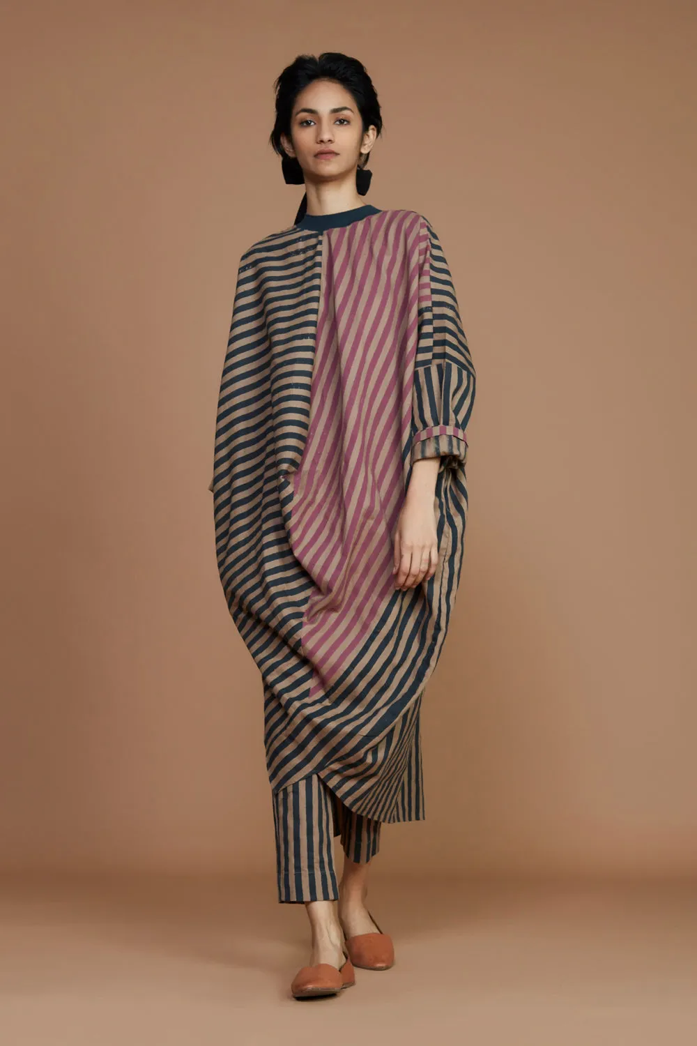 Ribbed Cowl Tunic Striped Brown Co-Ord Set (2 Pcs)