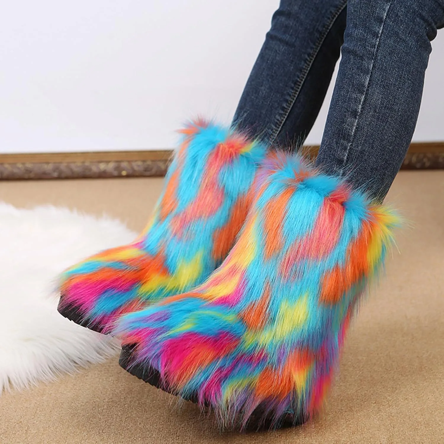 SACFOF Women's Faux Fur Boot Fashion Furry Fluffy Round Toe Mid Calf Snow Winter Boots Comfy Plush Warm Short Outdoor Indoor Flat Shoes